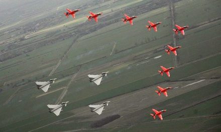 The Royal Air Force Aerobatic Team (RAFAT) “The Red Arrows” and Typhoon aircraft are shown flying in formation as…