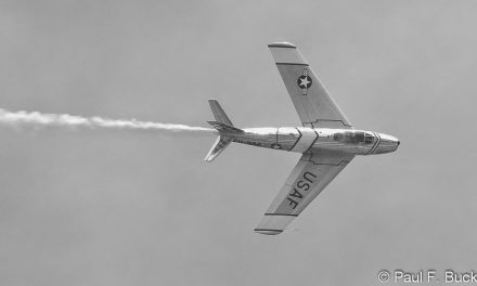 The Warbird Heritage Foundation’s F-86 Sabre Jet flat against an overcast sky at the Vectren Dayton AirShow, Dayton…