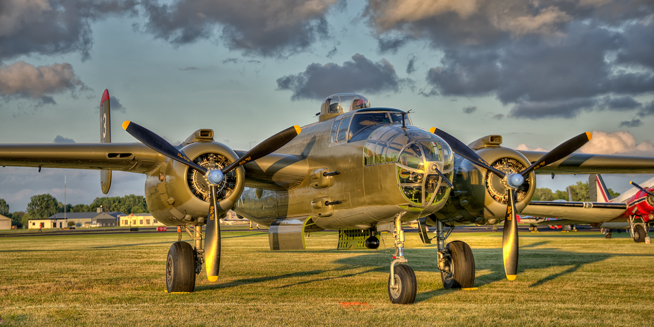Fagen Fighters WWII Museum B-25 Mitchell on display at 2014 EAA Air Venture.