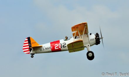 Boeing PT-17 Stearman over Grimes Field Urbana, Ohio during the Mid East Regional Fly In August 2014.