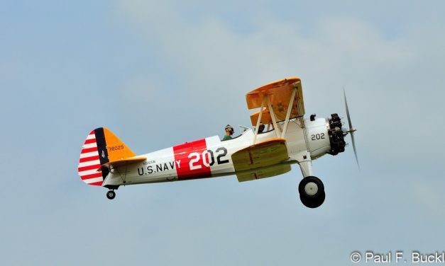 Boeing PT-17 Stearman over Grimes Field Urbana, Ohio during the Mid East Regional Fly In August 2014.