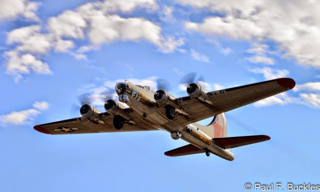 The B-17 Flying Fortress “Nine O’ Nine” on takeoff during the Wings of Freedom Tour stop in Venice Florida 2014.