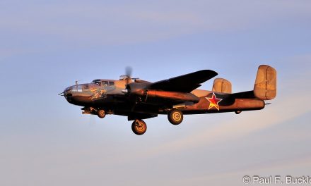 The B25J Mitchell, “Russian Ta Get Ya”, early morning departure from Grimes Field, Urbana Ohio, during the B-25…