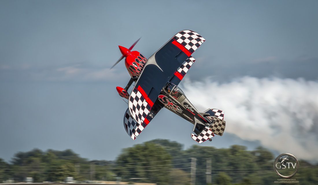 Skip Stewart performing in his custom built bi-plane called Prometheus