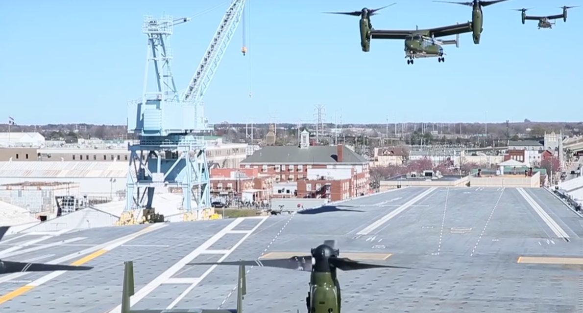 Marine One and HMX-1 MV-22 Osprey tilt-rotor aircraft land on USS Gerald Ford aircraft carrier for President Trump’s…