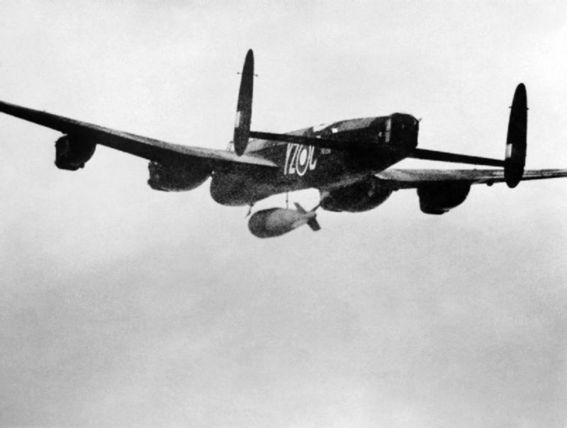 617 Squadron Lancaster dropping a Grand Slam earthquake bomb, March 1945.