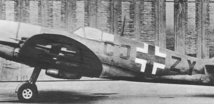 A captured Spitfire Mark Vb in Luftwaffe markings retrofitted with a Daimler-Benz DB605, aka the Messcherspit.