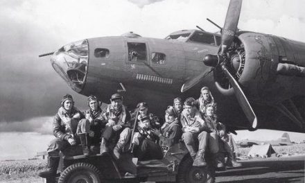 Air crew posing on Jeep in front of B-17F ‘Our Gang’ of 324th BS, 91st BG, US 8th Air Force, Bassingbourn, England,…