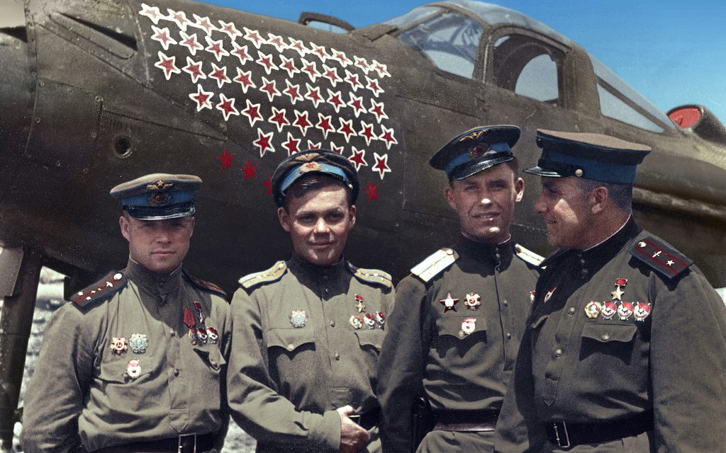 Soviet aces Capt Aleksandr Klubov, Maj Grigorii Rechkalov, Lt Andrei Trud and Maj Boris. (Colorized)
