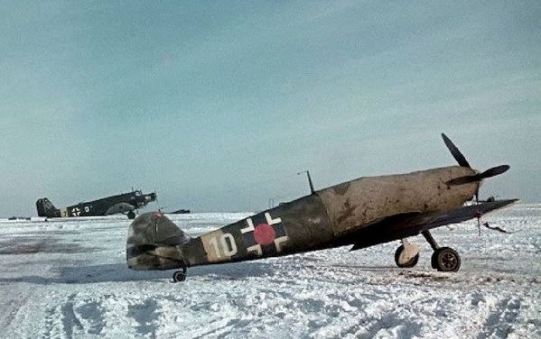 Slovak Bf-109E with a Ju-52 in the distance.