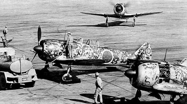 Nakajima Ki-44 Shoki “Tojo” interceptors of an Akeno unit being fuelled up before a mission.