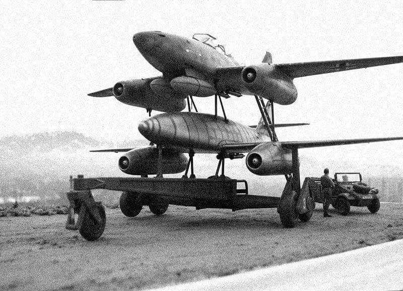 Me-262 “Mistel” (Mistletoe), a flying-bomb version of the Me-262 with no cockpit, a warhead in the nose, and a…
