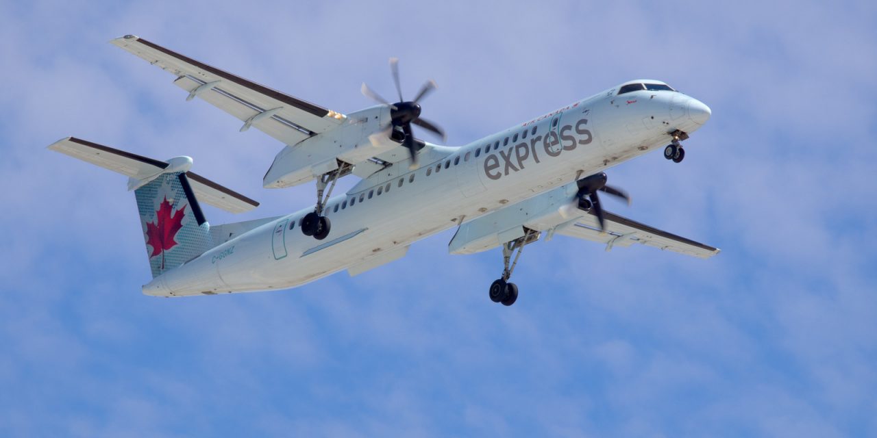 An Air Canada Express / Jazz Bombardier Q400 caught on final approach to CYWG / Winnipeg.