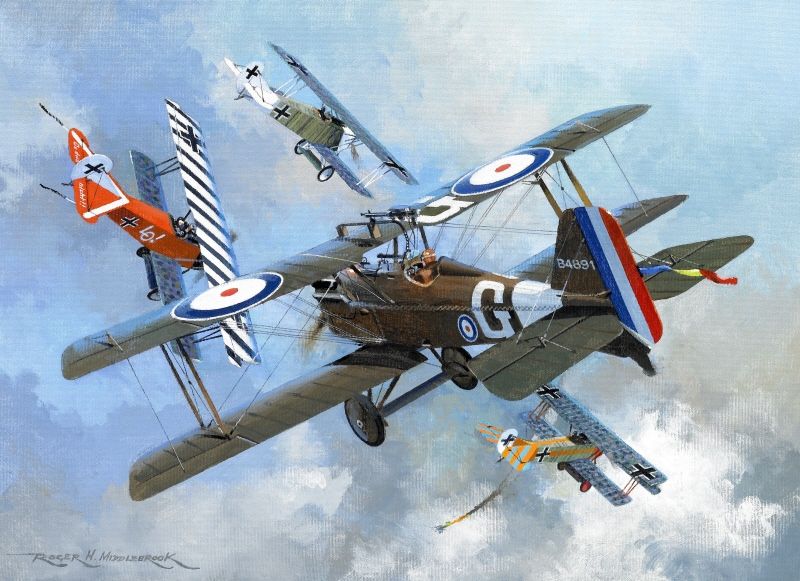 World War One aviation artwork – portrayed are British ace James McCudden in the S.E.5a and German ace Ernst Udet in…