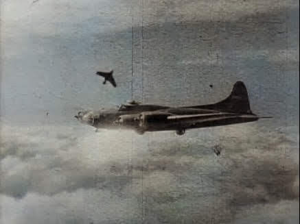 An image of a B-17, possibly an older F series, coming under attack by an Me-163 Komet rocket propelled interceptor.