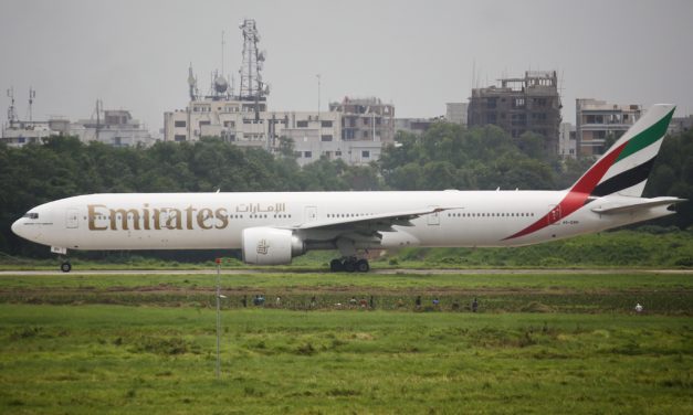 Emirates Boeing 777-300ER (A6-EBH) preparing to take off from Dhaka Airport (DAC/VGZR)