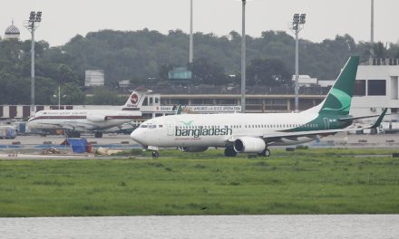 New to the fleet the Bangladesh Biman Boeing 737-800 (S2-AFL) taxiing to the runway for take off while the old…