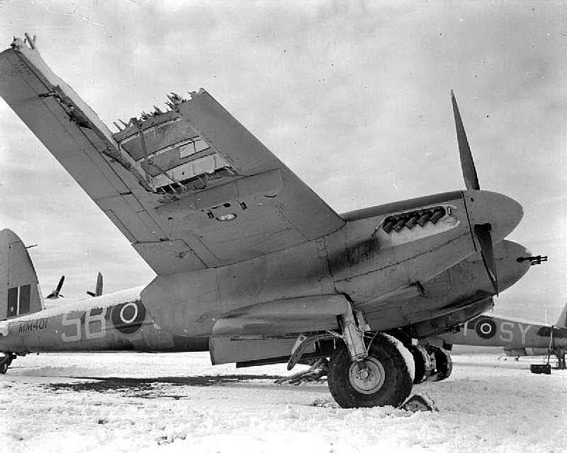 A Mosquito FB VI of 464 Sqn R.A.A.F.  crash landed at Friston emergency airfield, Sussex, in February 1944.