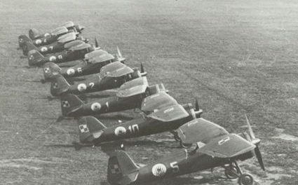 A line-up of Polish-built PZL P.11c fighter aircraft of the Kosciuszko Squadron during September 1939 campaign.