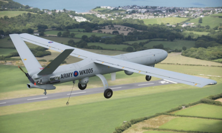 A Thales Watchkeeper WK450 Remotely Piloted Air System (RPAS) in flight over the UK during a test…