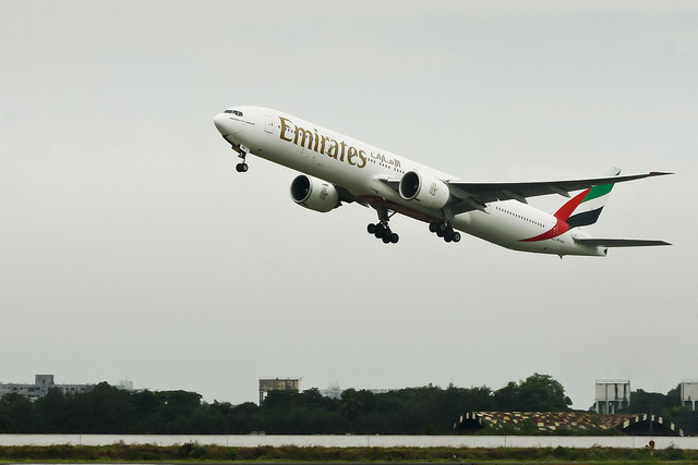Emirates Boeing 777-31HER ( A6-EBD ) Takes off on a cloudy morning from Hazrat Shahjalal International Airport Dhaka