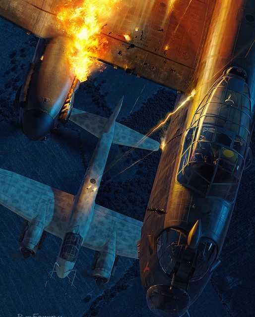 Schrage Musik by Piotr Forkasiewicz – A Ju88 Nightfighter attacking a Lancaster Bomber using the Schrage Musik…