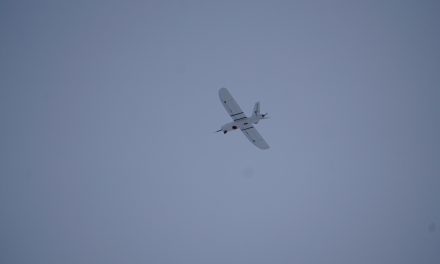 Ghost drone.  (UMN UAV lab flight testing in winter overcast hazy conditions.)