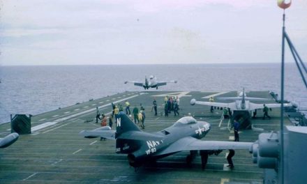 Navy F9F Panther jets launch for a mission during the Korean War from the USS Philippine Sea CV-47.