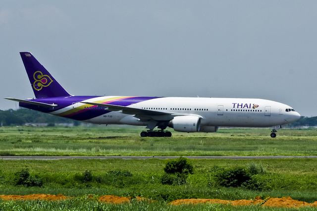 Thai Airways  Boeing 777-2D7  HS-TJD at the taxiway of Hazrat Shahjalal International Airport, Dhaka – VGZR after…